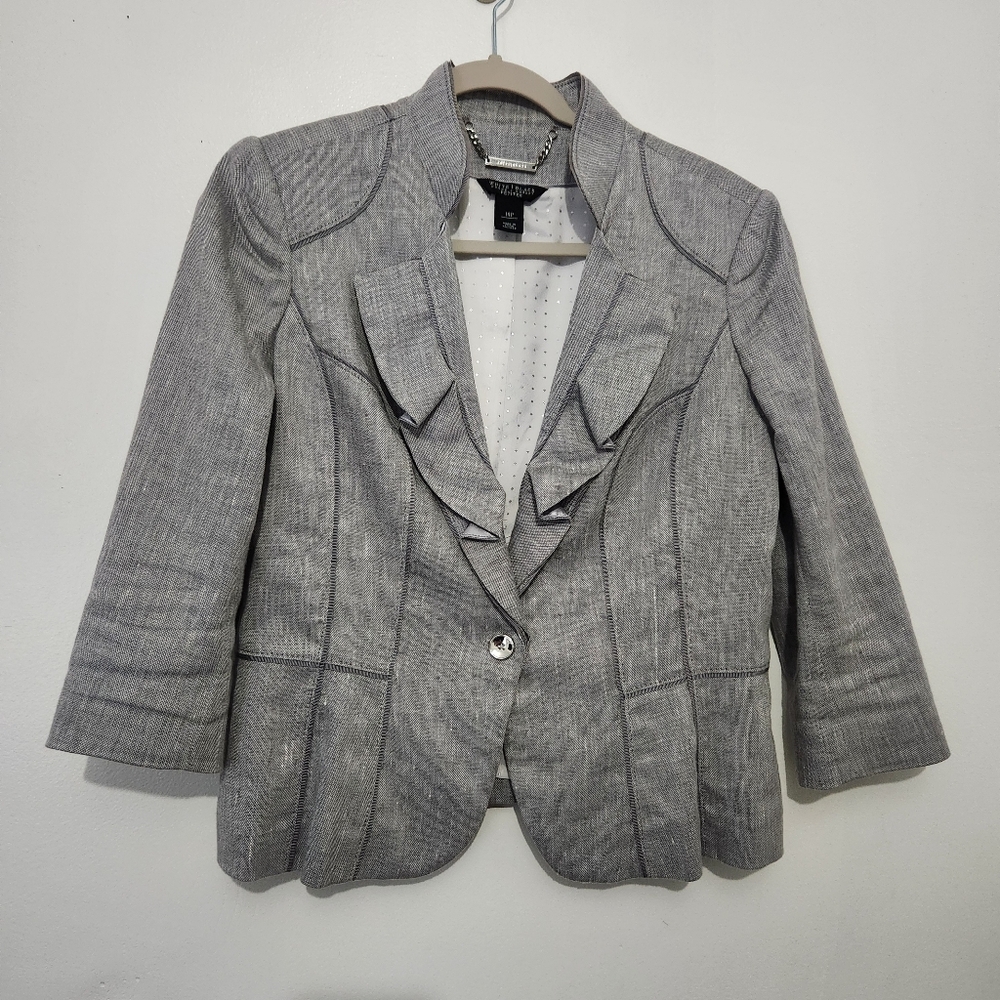 White House Black Market 14P Gray Linen Blend Ruffle Collar Blazer 3/4 Sleeve